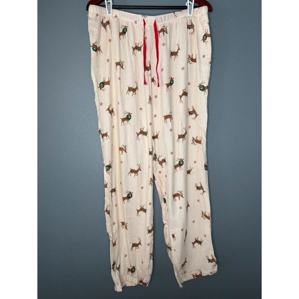 Womens Christmas Pajama Pants XL Reindeer Holiday PJs Lounge Drawstring Cream